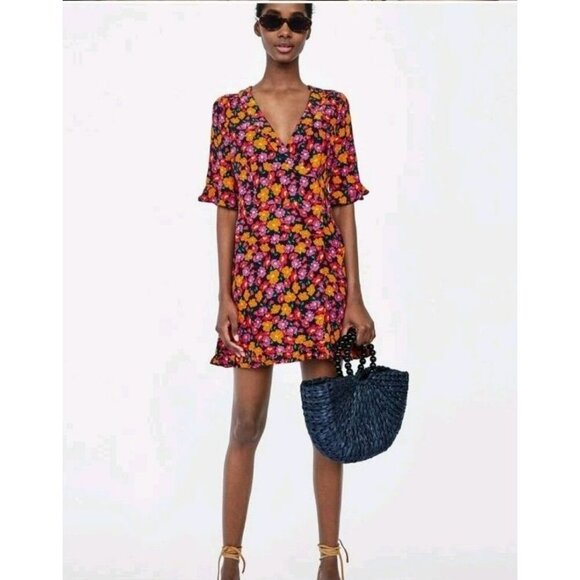 NWT ZARA Accesories Floral CROSSOVER WRAP DRESS Ruffle Size Large - Picture 7 of 7